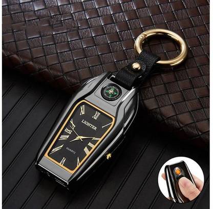 Abhsant Socket New Multi-function Outdoor Key chain USB Watch Survival Compass Cigarette Lighter with Light Electric Charging Lighter LED Lighting Keychain Pendant Pocket Watch Cigarette Lighter Car Cigarette Lighter
