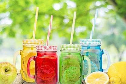 LAKSHMINARAYAN SALES Mason Jars with Handle and Straw Old Fashioned Drinking Glass, Transparent color Lid - 4Pcs Glass Mason Jar