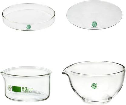 RAJAS Petri Dish 100x20mm, Watch Glass 100x2mm, Crystal Dish With Spout 80x45mm, Evaporating Dish 290 ml Made From Boro 3,3 Glass Lab Evaporating Dish