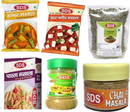 SDS Masala 6 Piece Combo (1 Sambhar Masala 50gm + 1 Matar Paneer Masala 40gm + 1 Pasta Masala 270gm + 1 Multipurpose Masala 100gm + 1 Kasuri Methi 50gm+ 1 Chai Masala 25gm )
