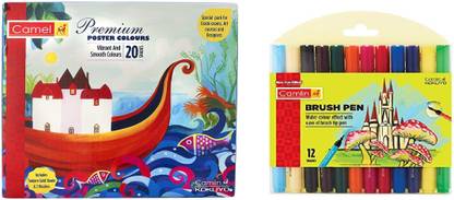 Camlin Set of 20 Shades Premium Poster Colours ad 12 Shades Student Brush Pen
