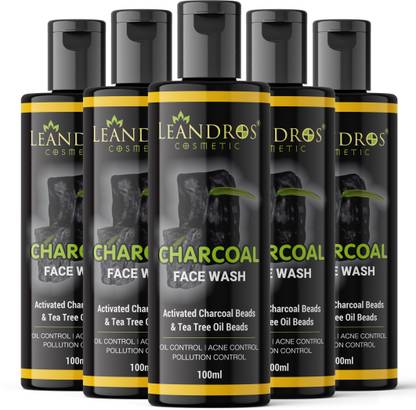 leandros Activated Charcoal Beads & Tea Tree Oil Beads For Oil Control | Acne Control And Pollution Control Charcoal  -Pack of-(5*100 ml)- Face Wash