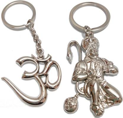 kd collections KD623 - Combo of Om Keychain Metal & Bajrangbali Hanuman Keychain Metal - Silver Color - Pack of 2 Keychains Key Chain