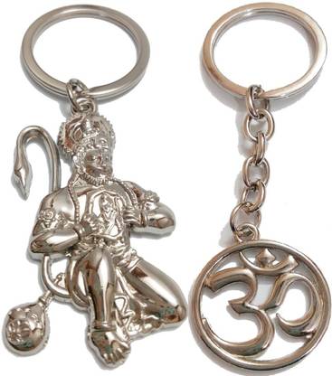 kd collections KD627 - Om Keychain Metal & Hanuman Metal Silver Color Keychain Keyring - Pack of 2 Keychains Key Chain