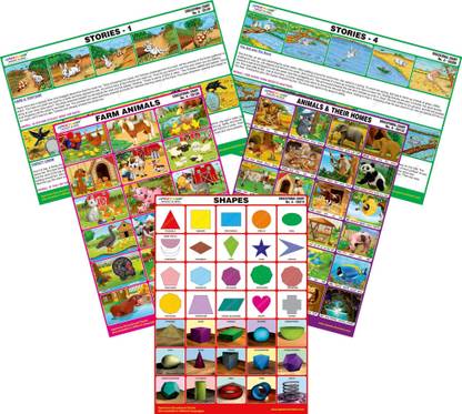 Spectrum Set of 5 Mirror Coat Educational Charts : Set 7 (Farm Animals, Animals & Their Homes, Shapes, Stories 1 & Stories 4)