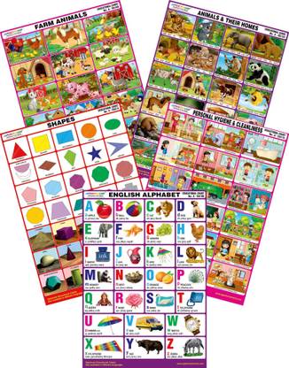 Spectrum Set of 5 Mirror Coat Educational Charts : Set 4 (English Alphabets, Farm Animals, Animals & Their Homes, Shapes & Personal Hygiene & Cleanliness)