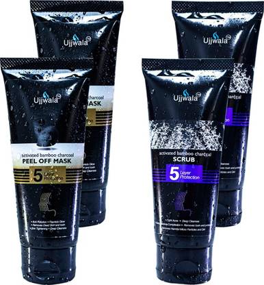 Ujjwala Natural Activated Bamboo Charcoal Peel Of Mask Set Of 2 And Scrub Set Of 2 (50 GM Each)(Combo of 4)