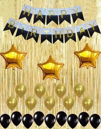 HBD Happy Birthday Decorations kit - Gold Black white theme for Birthday/Party/Baby Shower/welcome home/ Season's Party Decorations - Happy Birthday Designing Banner, Metallic Balloons Gold and Black, Star Foil Gold With 10 Pcs Magic Candle (Pack of 58)