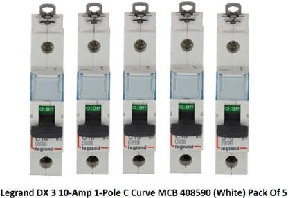 Legrand MCB 10 Amps 10 Ka DX 3 10-A 1-Pole C Curve MCB 408587 (Standard Size, White)- Pack of 5 Nos MCB