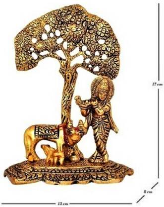 LOTUS RISE Metal Krishna with Cow Standing Under Tree Plying Flute Decorative Showpiece. Decorative Showpiece  -  18 cm