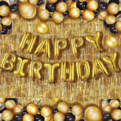 FANEX Solid Happy Birthday Golden Foil Letter Balloons(13 foil latter 1 pack)With 30 Piece Black Gold Balloons And 2 Piece Golden Fringe Curtains Balloon