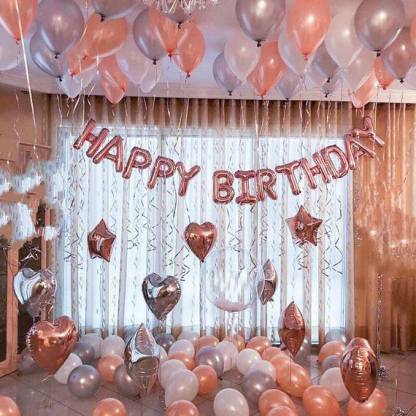 CherishX.com Solid Rosegold Balloons for Birthday Decoration Combo - 46 Pcs Combo - Perfect for Party Decoration at Home for your Wife, Girlfriend, Daughter - Rose gold Heart & Star Balloons Letter Balloon