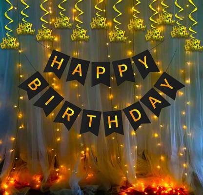 Bloomsevent Combo Of 1 Black Happy Birthday Banner ,1 LED Light 12pcs HDB Danglers. Banner