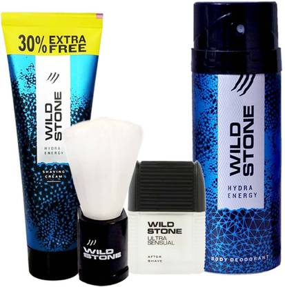 Wild Stone Hydra Energy After Shave Lotion 50ml, Deodorant 150ml, Shaving Cream 78gm and Brush