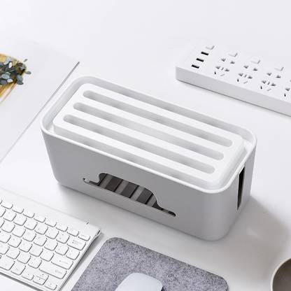 MOJIBO 2 Compartments plastic Cable Management Box - Power Strip, Cords, Surge Protector Hiding Cover Organizer - Hide Loose Wire for Home Office Desk Desktop Floor & Keep Children and Pet Safe - White