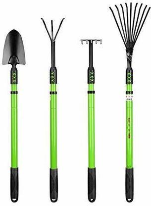 DARIT Garden Tools Set of 4 PCS Trowel 3 Prongs Cultivator Weeder Leaf Rake with Telescopic Extendable Long Handle Carbon Steel Headed Garden Tool Kit