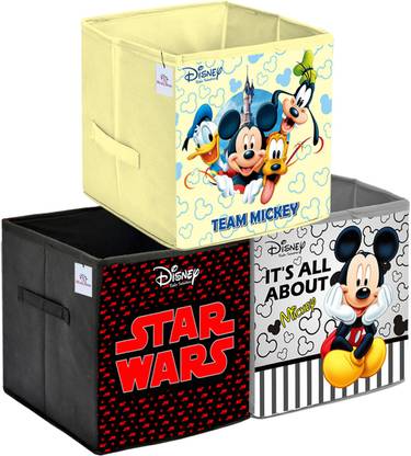 Heart Home Designer Disney Print Non Woven 3 Pieces Fabric Foldable Cubes Storage Box with Handle,( Extra Large (Grey & Maroon & Cream)-25_F_HHOME16203 25_F_HHOME016203
