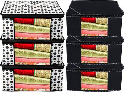 Ganpati Bags designer polka dot design 6 pieces non woven fabric saree cover/cloth organizer for wardrobe set with transparent window extra large black and white GanMart 109