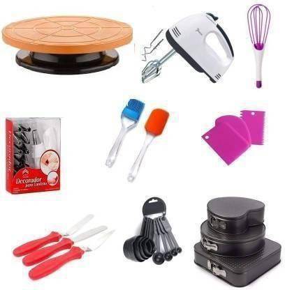 Own mall CAKE DECORATING TOOLS ALL IN ONE BAKEWARE CAKE COMBO TOOLS Cake baking and making tools combo for cake decoration at home, kitchen and store Kitchen Tool Set Cake Turntable (Multicolour) 12 pc Cake Decorating Nozzle with Silicon Piping Bag, Set of 3 Icing Spatula, 3 pcs Scrapper+oil brush and sputula with silicon +blender +whisk+3 pcs diffrent shape mould+8 pcs majoring sppon Multicolor Kitchen Tool Set (Multicolor) Multicolor Kitchen Tool Set (Multicolor) Kitchen Tool Set