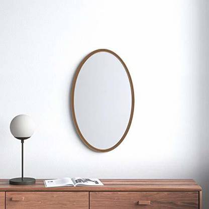 Antique Mirror Wood Frame Oval Shape Wall Mirror for Entryways, (Light Brown) 24"x18" Decorative Mirror