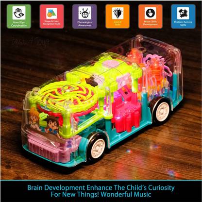 Toyvala Perfect Idea Multifunctional Gear Light Bus Toy with Mechanical Gears Simulation,Transparent Body,3D Lights,Different Types of Music, Horn &Engine Starting Sound,360-degree Rotation for +3 Years