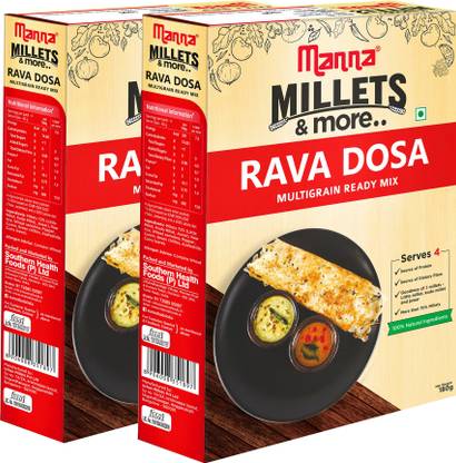 Manna Instant Multigrain Rava Dosa Ready Mix | Rava Dosa Batter | 180g x 2 Packs, Serves 8 | 100% Natural Ingredients | Made with Little Millet, Kodo Millet, Jowar 360 g
