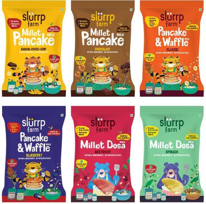 Slurrp Farm Millet Pancake and Millet Dosa Mix Trial Pack Combo, No Maida No White Rice - Banana Choco-chip, Chocolate, Blueberry and Classic Vanilla Pancake Mix, Spinach and Beetroot Millet Dosa Mix, 300g (50g each) 300 g
