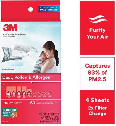 3M AC Filters for converting Split AC into air Purifier [Dust, Pollen & Allergens, 4 Sheets, 2 Change Indicators] Air Purifier Filter