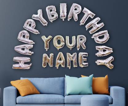 Almoda Creations Solid (Happy Birthday Name Banner) "HAPPY BIRTHDAY" Foil Balloons Banner with "NAME" Letters in attractive "Silver" Color Letter Balloon