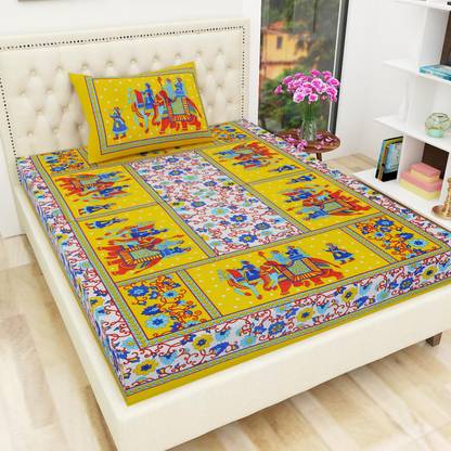 VIHALIESY 144 TC Cotton Single Jaipuri Prints Flat Bedsheet