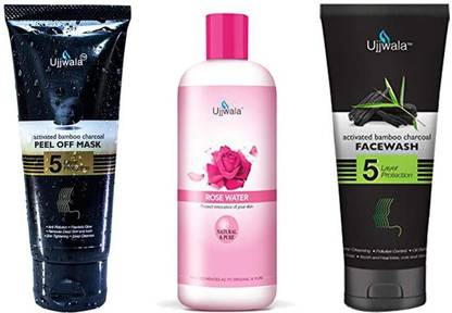 Ujjwala Natural And Pure Bamboo Activated Charcoal Peel Of Mask 50 GM + Rose Water 100 ML and Charcoal FaceWash 50GM (Combo of 3) For Women