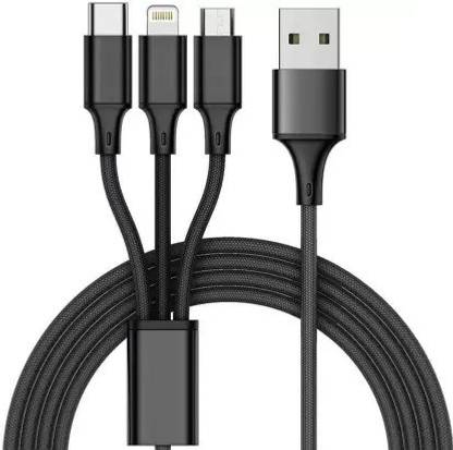 THE MOBILE POINT Power Sharing Cable 3 A 1.2 m 3 in1 Multi USB Charging Nylon Braided Fast Multi Charger Cable for Micro USB, iOS and Type-C Devices