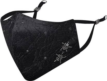 MASQ Anti-Pollution, Anti-Bacterial (BFE>99%) 4 Layer Embroidered, Designer, Fashionable & Protective Satin Cloth Face Mask Combo for Women, Girls with Detachable Chain, Size Adjustable Ear Loops & Mask Bag Starburst_Black_Medium_01 Reusable, Washable Cloth Mask