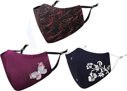 MASQ Anti-Pollution, Anti-Bacterial (BFE>99%) 4 Layer Embroidered, Designer, Fashionable & Protective Cotton Cloth Face Mask for Women, Girls with Size Adjustable Ear Loops Butterfly_Combo_Medium_03 Reusable, Washable Cloth Mask