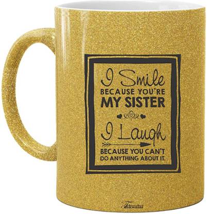 Tonkwalas I Love My Sister Qoutes Printed Golden Glitter Ceramic Coffee and Tea Gift For Sister's (325 ML) Ceramic Coffee Mug