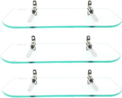 Sparkraze Pack of 3 F Brass Brackets Clear 14 By 5.5 inch Plain Glass Shelf \ Living Room & Bedroom Shelf\Bathroom Shelf\Multipurpose Shelf ग्लास, पीतल वॉल शेल्फ
