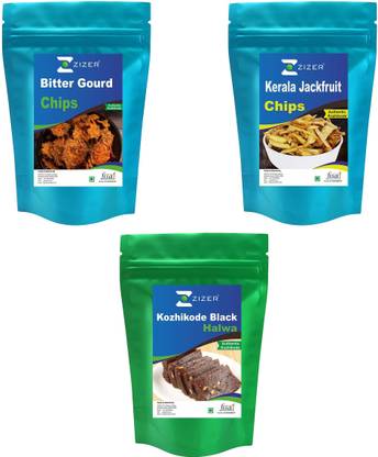 जाइज़र कोझिकोड क्रिस्पी बिटर गोर्ड चिप्स 250g/ केरल जैक-फ्रूट चिप्स 250g/ कोझिकोड ब्लैक हलवा 400g (पैक ऑफ 3)