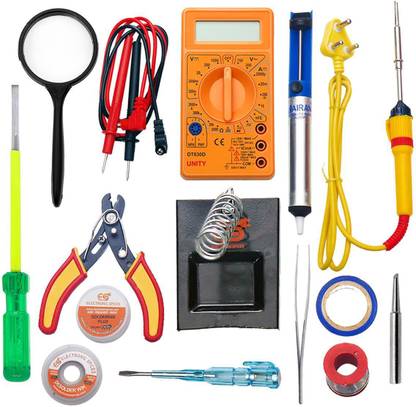 Electronic Spices (14 in 1)25watt soldering iron/digital multimeter/iron bit/solder stand/solder wire/desoldring pump/Desolder wire/paste/cutter tester/tape/tweezer/Screw Driver/Magnify Glass 25 W Simple