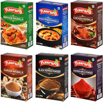 NAVRANG Biryani Masala Powder, Shahi Paneer Masala, Chicken Masala Powder, Kali Mirch, Kashmiri Mirch & Garam Masala (Pack of 6, 50g Each)