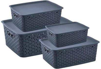 Flipkart SmartBuy Plastic Combo Of 4 Multi-Size Multipurpose Basket Storage Premium Plastic With LID Storage Basket Storage Basket