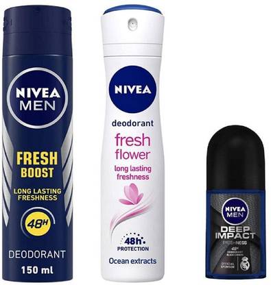 NIVEA Fresh Boost Deo 150 Ml , Fresh Flower Deo 150 Ml , Deep Impact Roll On 50 Ml #82 Deodorant Spray  -  For Men