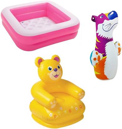 DINAARKAN COMBO OF 3 FEET BATH TUB CUM SQUARICAL PINK BOX POOL AND 3 FEET INFLATABLE HITME TIGER AND 2.5 FEET TEDDY CHAIR Inflatable Swimming Pool
