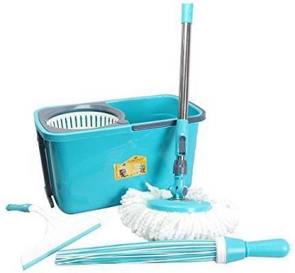CLASSY TOUCH Cleaning Combo 3 Pcs Set - Spin Mop Bucket/Wiper/Broom - (Color-Aqua)… Mop Set