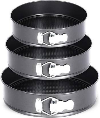 Cake Bake Mold Teflon Coated Bottom Removable Cake Mould Set/Baking Tray, 3 Pcs, Round, Black Carbon Steel Cake Mould 3