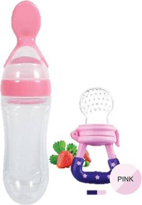 Little Fingers BPA Free Squeeze Style Bottle Feeder with Dispensing Spoon and Fruit Feeder and Pacifier - Fresh Food Feeder, Infant Teether Nibbler Toys, for Toddlers & Kid- Combo of 2 - 90 ml