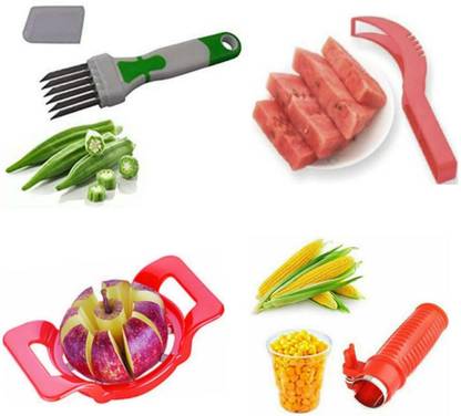 Samarpan Smart Combo of Watermelon Slicer Server Scoop with Neki Cutter, Sweet Corn Cutter and Deluxe Apple Cutter (Pack of 4,Multi Color) Vegetable & Fruit Chopper