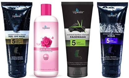 Ujjwala Natural And Pure Bamboo Activated Charcoal Face Wash + Scrub + Peel of Mask and Rose Water (Combo of 4)