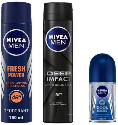 NIVEA Fresh Power Deo 150 Ml , Deep Impact Deo 150 Ml , Cool Kick Roll On 50 Ml 155 Deodorant Spray  -  For Men