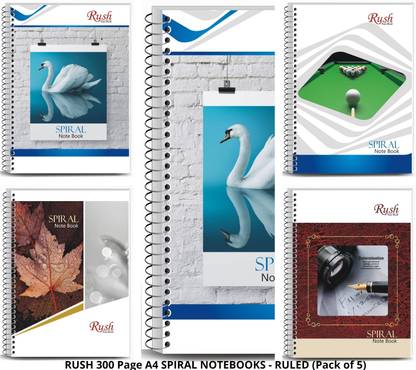 Rush Spiral Notebook Ruled 300 Pages A4 Size Notebook (Pack of 5) - Spiral Binding - Spiral Diary A4 Notebook Single Line Ruled 300 Pages