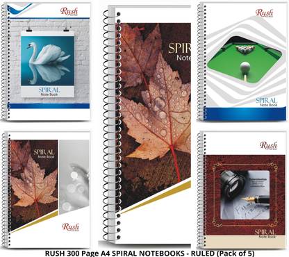 Rush Spiral Notebook A4 Ruled 300 Pages Notebooks (Pack of 5) - Spiral Binding Notebook A4 Notebook Single Line Ruled 300 Pages